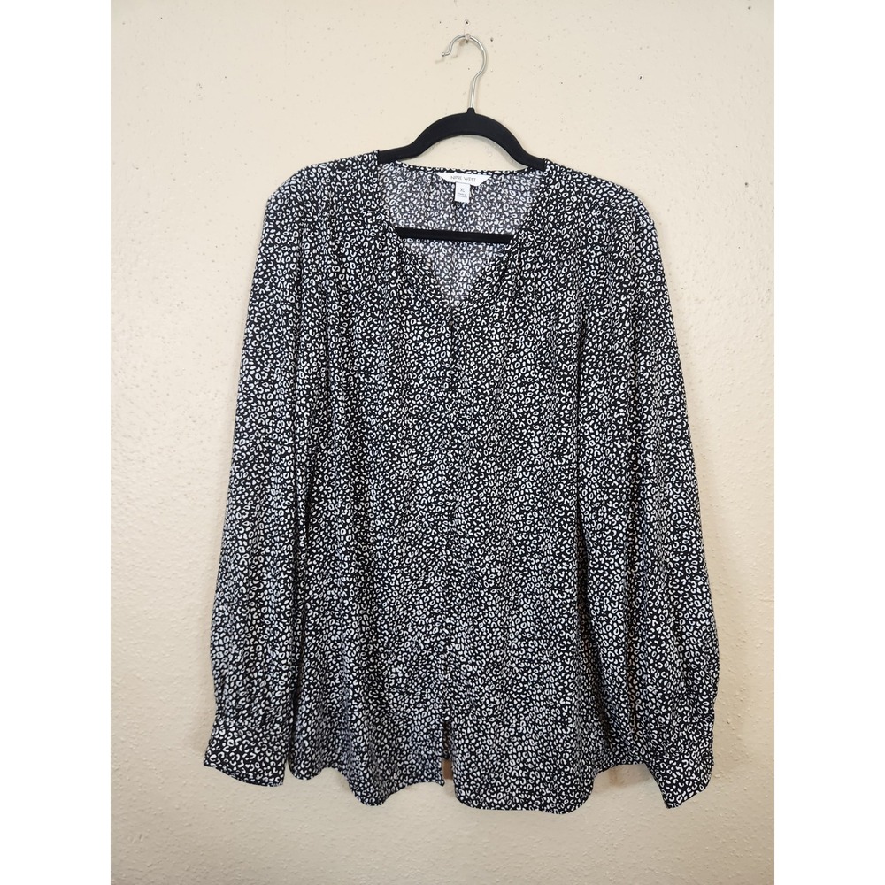 Nine West Womens Button Up Blouse Animal Print‎ Long Sleeve V Neck Top XL